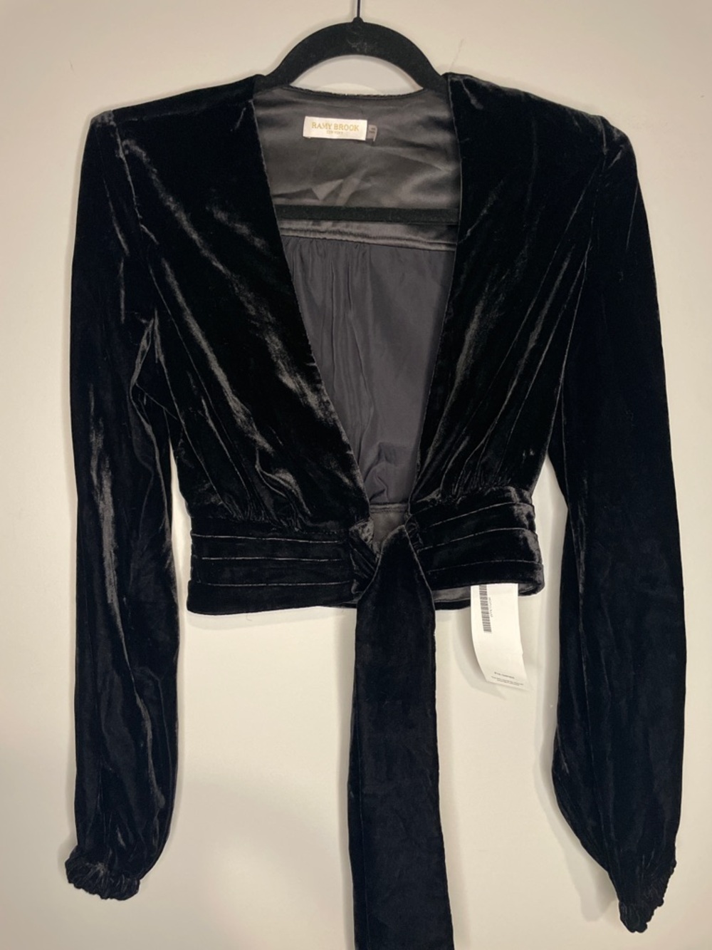 RAMY BROOK Black Velvet Tie Front Crop Top Long Sleeve Evening Blouse Pristine - Picture 5 of 6